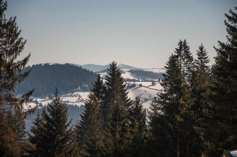 A snowy April panorama of Zlatar mountain